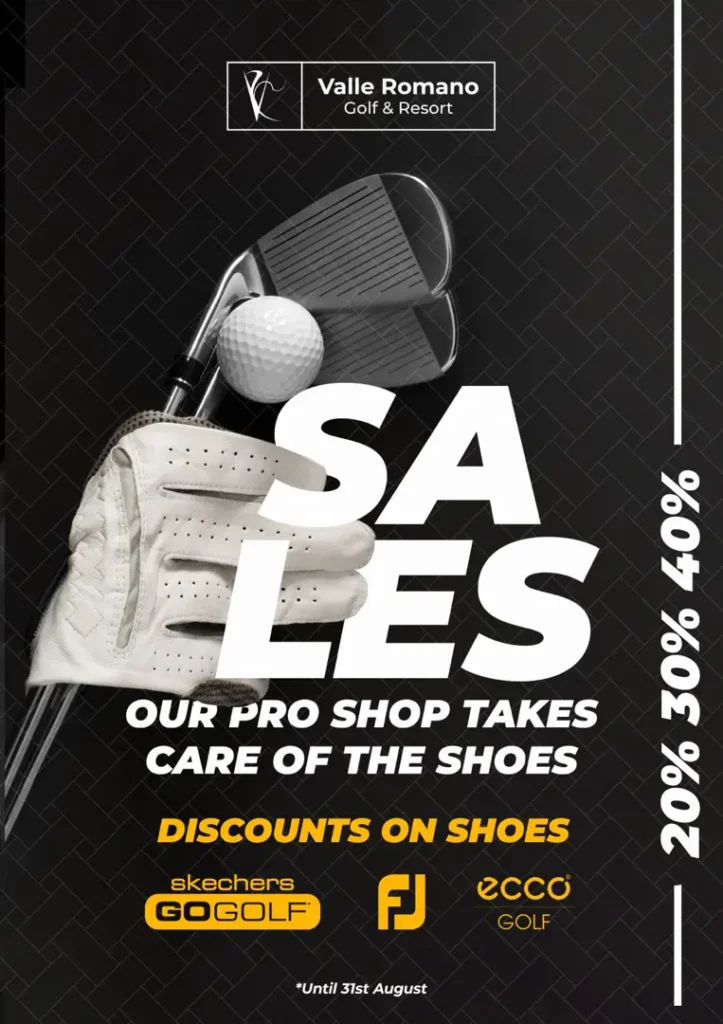 We are excited to announce our incredible summer sales at the Valle Romano Golf & Resort Pro Shop! From July 1st to August 31st, 2024, enjoy exclusive discounts on a selection of top-quality brands.